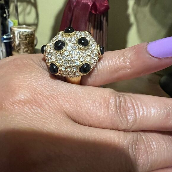 J. Crew Gold Plated Pave Crystal with Black Bead Accents Cocktail Ring Size 6 - Picture 3 of 6
